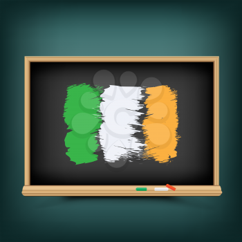 Irish national flag draw on school education blackboard. Ireland standard banner backdrop. Learn language lesson