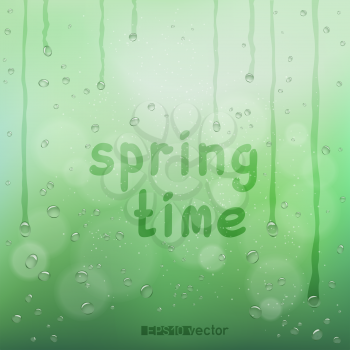 Spring time text on green blurry rain bokeh wet background. Nature blurred spring or summer abstract water bubbles design backdrop. Agriculture rainy drops flow wallpaper with message