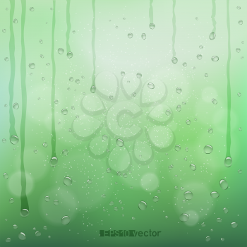 Green blurry rain bokeh wet background. Nature blurred spring or summer abstract water bubbles design backdrop. Agriculture rainy drops flow wallpaper
