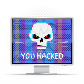 You hacked text on white monitor with blue glitch background. Grumpy white hacker skull with hack message on device. Computer crime attack illustration