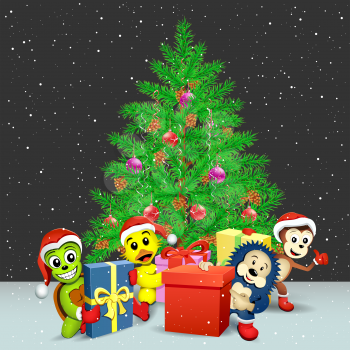 Christmas animals turtle hedgehog monkey duck with presents stand on snow and green fir-tree background. Snowflakes falls on night. Winter cartoon holiday illustration