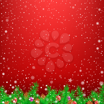 Red glowing light and green spruce snow background. Falling snowflakes fir tree parts toys pine cones holiday backdrop. Christmas winter decoration design template