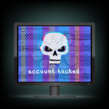 Account hacked message on black monitor with blue glitch screen background. Angry white hacker skull with hack text on device. Computer crime attack illustration