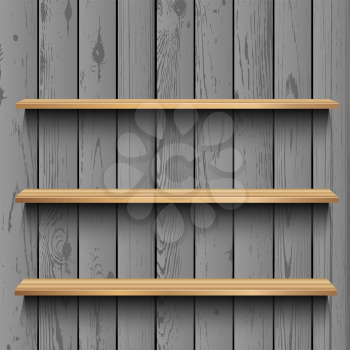 Showcase template with shadow on gray wooden panel wall background. Advertising wood plastic plank shelf store. Sale exhibition interior furniture