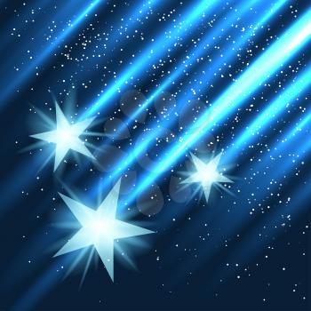 Star fall on blue light rays background. Three abstract stars with glow lights beam falling in dark. Fantasy space galaxy shape design