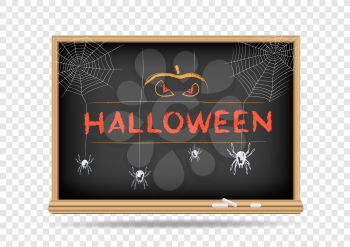 School blackboard drawing Halloween spider and pumpkin on transparent background. Classroom chalkboard drawing with shadow