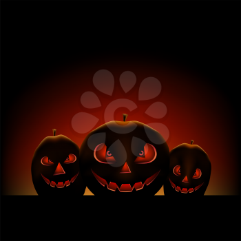 Halloween Holiday three laughing pumpkin on dark black background.