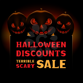 Halloween pumpkin scary terrible sale message on dark background. Business communication dialog or quote template collection sign.