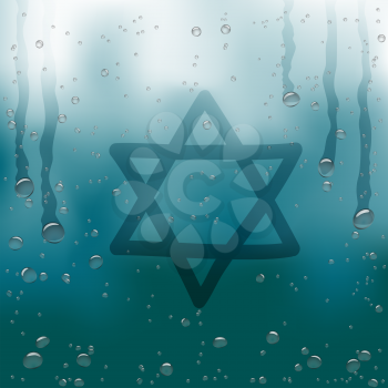 Finger draw star of David sign on rain blue background. Water hand writing religious symbol on glass surface
