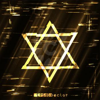 Glitch golden star of David sign light shape template. Abstract glitched religious gold vector symbol design backdrop