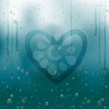 Drawn heart painted on rainy window. Water drops flow down on dark blue bokeh background. Romance love bubble droplets backdrop. Sadness romantic rain bubbles template on a glass surface
