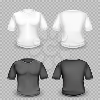 Black and white empty t-shirt template with shaow on transparent background. Human shirt clothes set collection