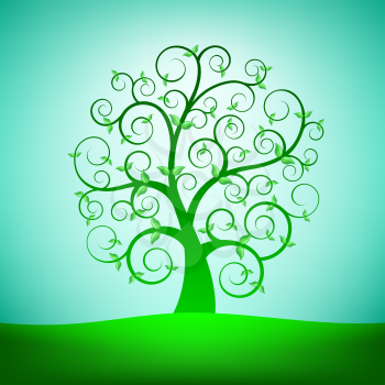 Spring tree grows on blue sky background. Small green leaves growth on plant branches. Ecology environment nature symbol icon