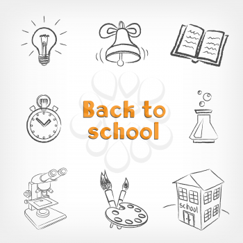 Drawings back to school. Education drawn signs lamp idea ring book easel microscope test tube stopwatch building on white background. Lesson drawing black sketch objects