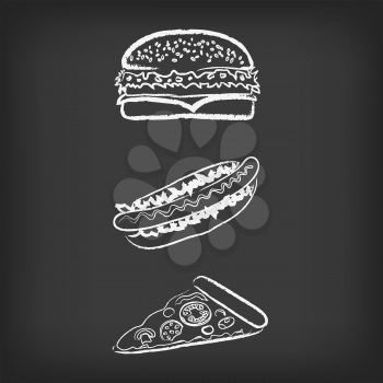 Hand drawn Burger Hot Dog Pizza template on dark background. Drawn fastfood sale promotion