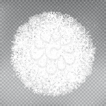 Snowflakes round snowball template on gray transparent background. Winter snow circle. Christmas holiday vector illustration