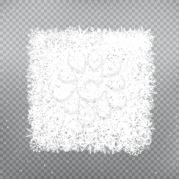 Snowflakes square template on gray transparent background. Winter snow rectangle. Christmas holiday vector illustration