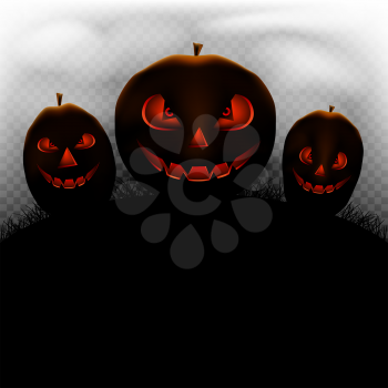 Halloween scary pumpkins set in transparent fog on background. Cartoon pumpkin plant silhouette with teeth eye and nose burns inside