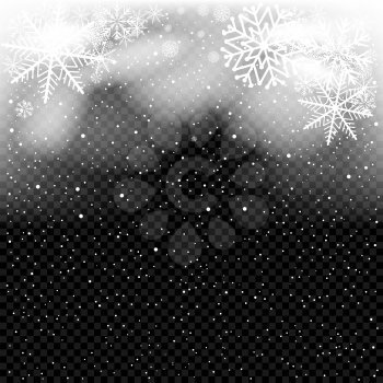 Snow falls in darkness. Christmas backdrop template. White snowflakes falling from clouds on dark transparent background
