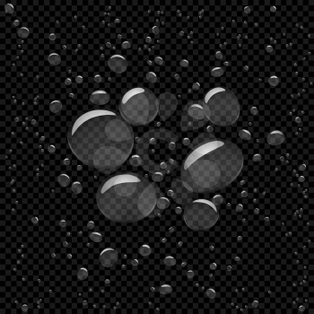 Water bubbles set on dark black transparent background. Beautiful fresh aqua bubble shape natural drops backdrop.