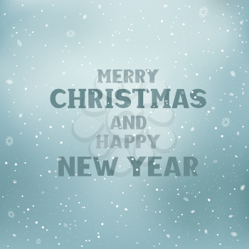Christmas greeting text on snowy winter sky. Holiday snow falling template. Big and small snowflakes fly in air