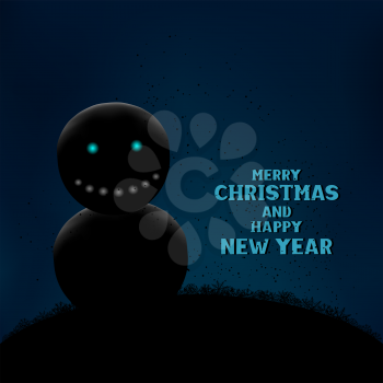 Christmas snowman in winter night. Holiday greetings text message. Snow falls in black dark background