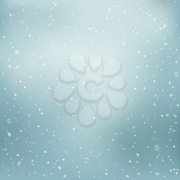 Christmas snowy winter sky template. Winter snowfall. Holiday snow falling background. Big and small snowflakes fly in air