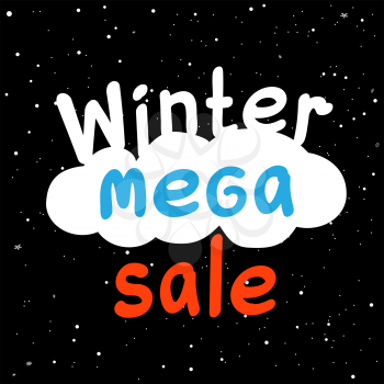 Winter mega sale discount offer text on black hight snowy background. Holiday shopping promotion sign and snow falling