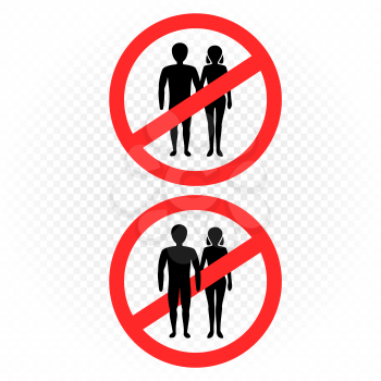 No entry man with woman sign on white transparent background. Married couple ban symbol sticker. Pair people silhouette template