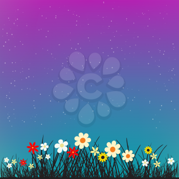 Grass and flowers on night sky backdrop. Spring or summer beautiful nature evening or morning meadow