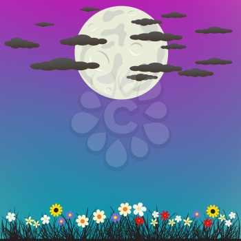 Spring or summer grass and flowers on night moon background. Beautiful nature evening or morning meadow