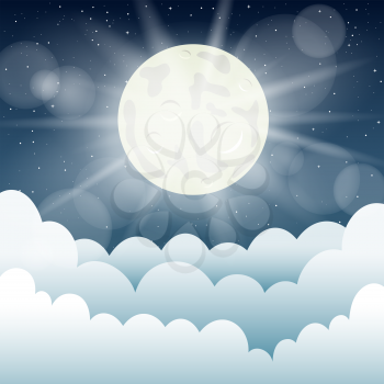 Moon light and cartoon clouds. Night moonlight cloud template mockup. Beautiful starry sky background