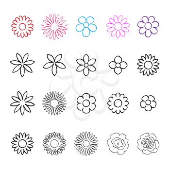 Outline flowers set isolated on white background. Beautiful drawing simple flower plant collection