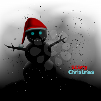 Scary Christmas black snowman silhouette in winter night. Holiday greetings text message. Snow falls in black dark background