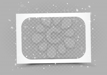Christmas rectangle snapshot frame with rounded corners and snow on gray background. Holiday celebration photo frame shape template