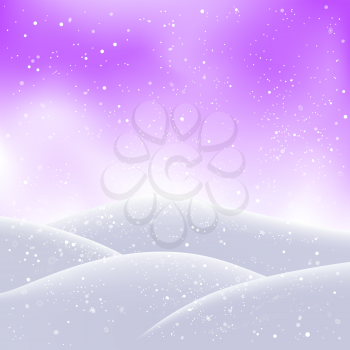 Christmas snowdrift and snowfall on purple and pink sky backdrop. Winter hills and falling snow. Holiday frost nature backdrop