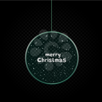 Christmas ball sphere template with snow on black tranparent background. Holiday toy with message