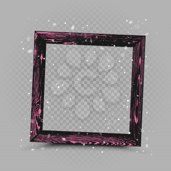 Christmas black snapshot frame with pink wooden texture and snowfall on dark background. Holiday celebration snapshot shape template