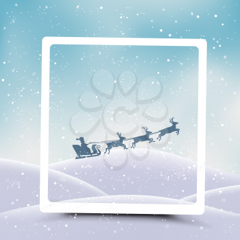 Christmas photo frame and Santa flies from snowdrift in blue sky. Winter hills and falling snow. Holiday snapshot template in nature backdrop