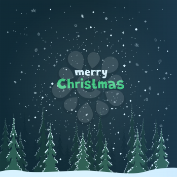 Christmas text and forest snowfalls in pink dark background. Winter holiday night template with congratulation message