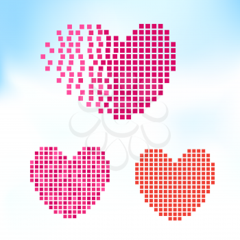 Valentine pixel heart on sky backdrop. Mosaic squares hearts set. Romantic love sign symbols disappear or appear. Holiday abstract art decoration