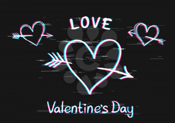 Glitch Valentine hearts pierced by an arrow with text message on dark background. Love Cupid sign concept display on computer screen. Digital romantic holiday symbol