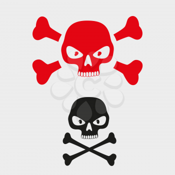Skull danger sign symbol pictogram isolated on gray background. Red and black skulls with crossbones. Human head and bones skeleton means hazard