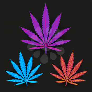 Hemp leaf in purple pink blue color with shadow on dark background. Cannabis multicolor symbol set on black backdrop. Marijuana narcotic plant leaves