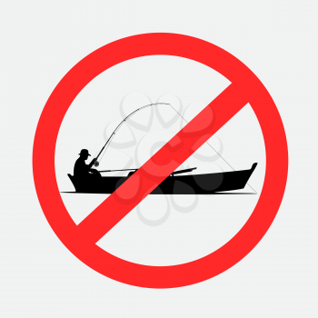 Boat fishing prohibited sign symbol on gray background. Forbidden fish catch from boats. No fishing on water