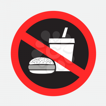 Fast food is prohibited dark sign sticker isolated on gray background. No hamburger burger and drink area symbol.