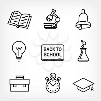 Outline education icons set on white background. School vector line flat design sign symbols collection. Blackboard with text back to school