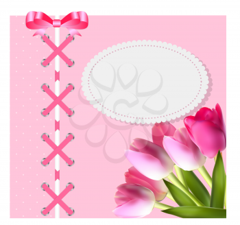 Vintage Frame with Bow, Ribbon and Tulip Folwers  Background. Vector Illustration. EPS10