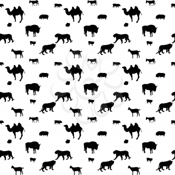 Silhouette of Wild and Domestic Animals. Seamless Pattern. Vector Illustration.