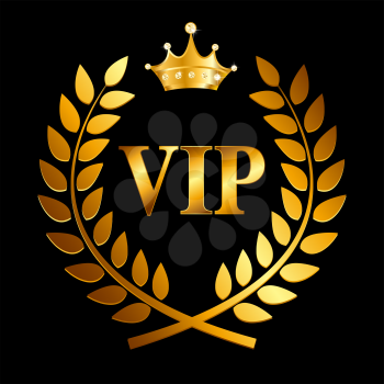 Gold Award Laurel Wreath with Crown and VIP Label. Winner Leaf Symbol of Victory. Vector Illustration EPS10